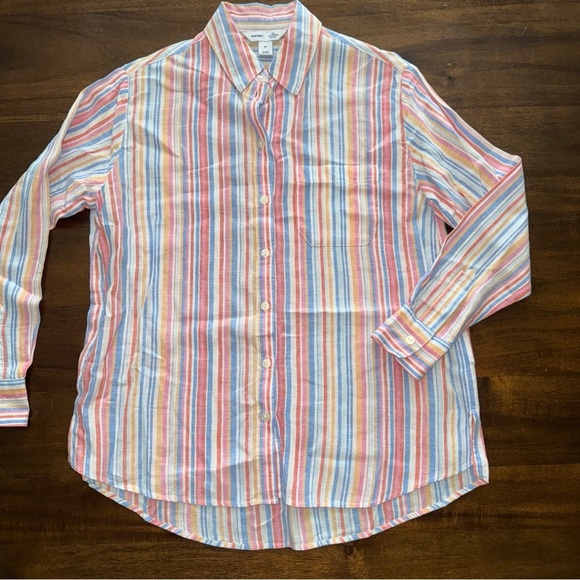 Old Navy Tops - Old Navy Linen Blend Boyfriend Shirt L/S Button Up Pink Blue Stripe Womens XS